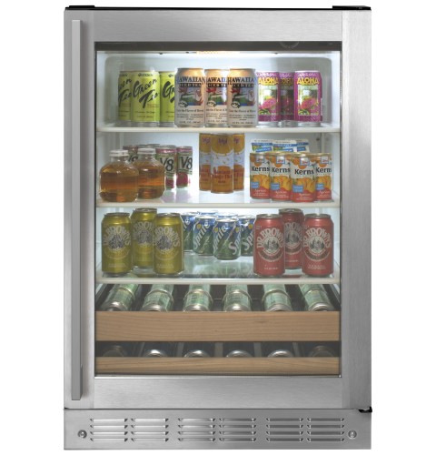 Stainless Steel win refrigerator with a clear glass door and sodas inside