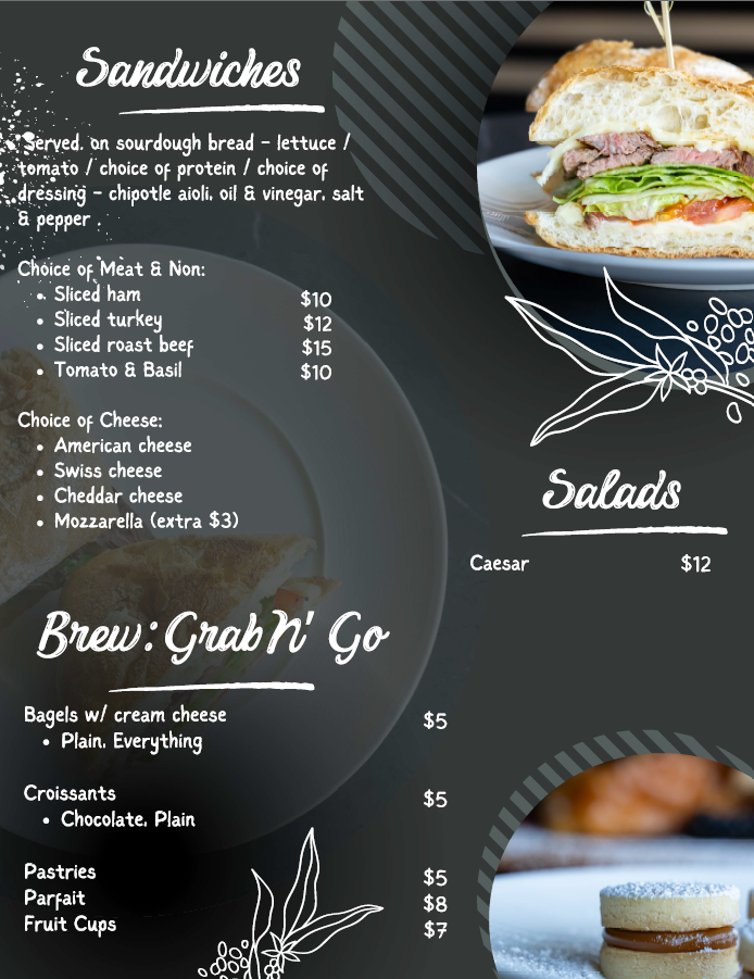 Menu: Sandwiches, Salads, Brew Grab n' Go